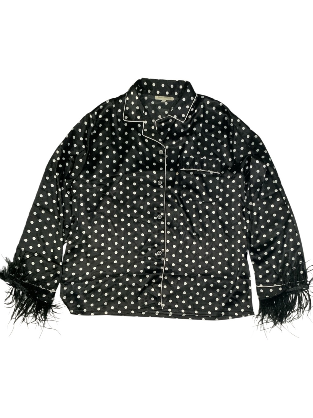 Tony & Candice Polka Dot Satin Pajama Top with Feather Trim Cuffs Size L